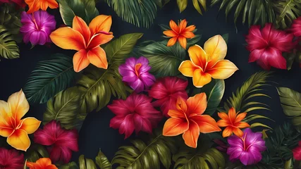 Foto op Plexiglas Photo original floral design with exotic flowers and tropic leaves colorful flowers on dark background © Zulfi_Art