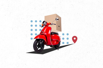 Composite collage image of carton box scooter driving shopping seller goods shipping gps mark weird...