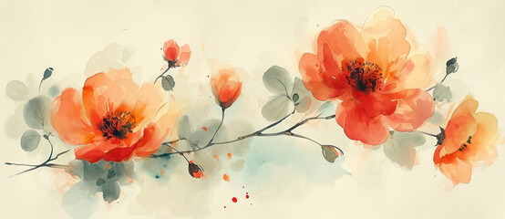 Floral Watercolor Blossom: A Vibrant Red Poppy in a Vintage Garden - Retro Abstract Beauty