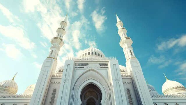 Magnificent white mosque seen from below with moving clouds in the blue sky for ramadan background
