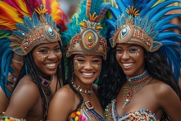 Carnival Celebration: Three Women in Colorful Costumes Smile for the Camera Generative AI