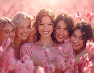 Pink Power: A Group of Women Celebrating the Beauty of Spring Generative AI
