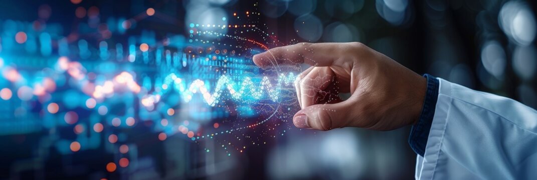 physician hand touching a digital screen which has computerized digital data