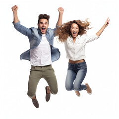 young excited couple jumping on white background isolated image