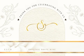 Elegant beige and gold modern wedding wine label with a simple floral design