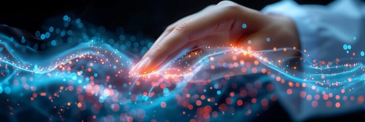 physician hand touching a digital screen which has computerized digital data