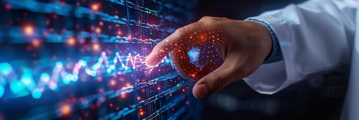 physician hand touching a digital screen which has computerized digital data