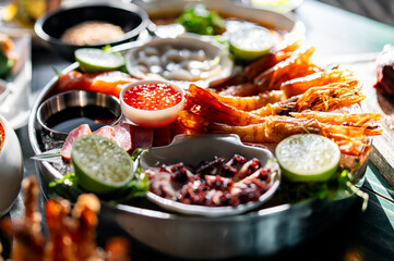 Set Seafood with salmon fish, tuna, shrimp on plate