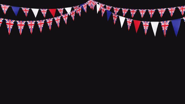 United Kingdom waving party flags 4 strings_British triangles festive roof decoration_looped with an alpha channel