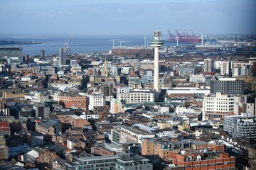 Fototapeta na wymiar Aerial view of stunning Liverpool under the blue sky in UK