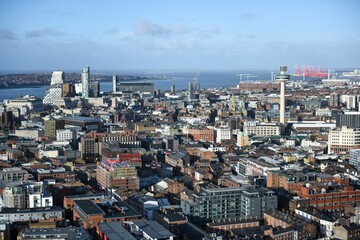 Fototapeta premium Aerial view of stunning Liverpool under the blue sky in UK