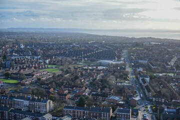 Aerial view of stunning Liverpool under the blue sky in UK