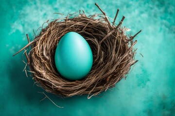 Top-down perspective of an adorable Easter egg in a nest on the side, against a subtle turquoise background with a nest in teal shades, providing a bright and flat setting for your celebratory text