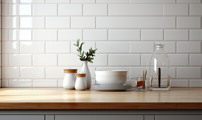 Fototapeta na wymiar Kitchen interior with white walls and pots. Created with Ai
