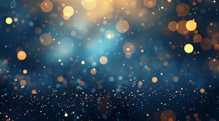 Blue and gold abstract lights on a dark background, in the style of glittery, dotted, dark sky-blue...
