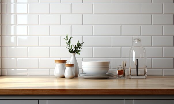 Kitchen interior with white walls and pots. Created with Ai