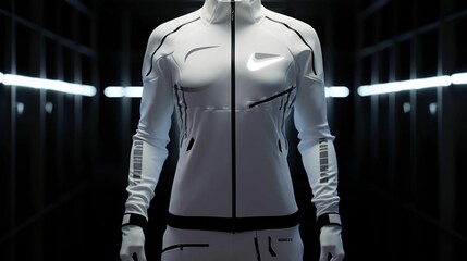 White Nike sportswear illuminated with white neon lihghts in a dimly lit setting