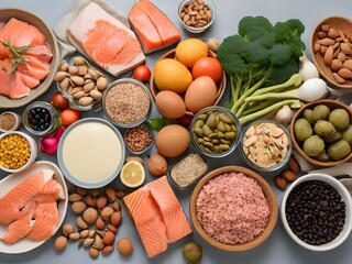 Overhead View of Healthy Raw Foods for a Flexitarian Mediterranean Diet