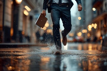 Naklejka premium Businessman running in the rain, holding a file in one hand on a city street
