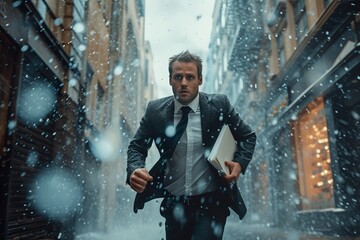 Businessman running in the rain, holding a file in one hand on a city street - obrazy, fototapety, plakaty