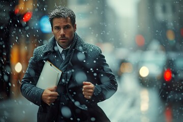 Businessman running in the rain, holding a file in one hand on a city street
