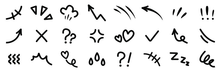 Line movement effect element icon set. Hand drawn cute doodle, cartoon emotion effect decoration symbol, line element. Vector illustration - obrazy, fototapety, plakaty
