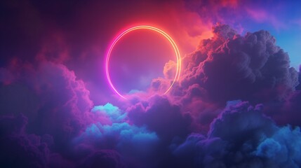 Surreal Neon Circle Over Cloudy Horizon
