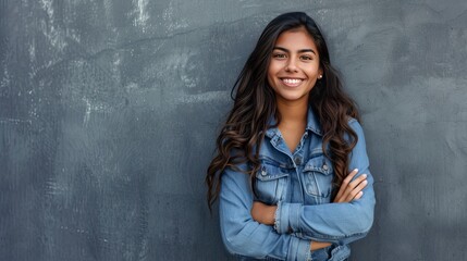 Portrait of a young latin woman with pleasant smile and crossed arms isolated on grey wall with copy space. Beautiful girl with folded arms looking at camera against grey wall - generative ai