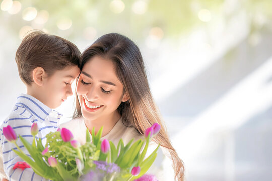 Joyful Mother Receiving Flowers from Child on Mother's Day