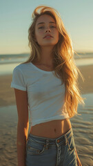 Caucasian woman on background of sandy beach of the sea.