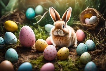 Adorable scene of a tiny Easter bunny exploring a garden of charmingly decorated eggs, setting the...