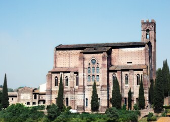 Scenic landscape view of the Santuario di Santa Caterina, a Catholic church in Tuscany, Italy