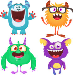 Funny cartoon monsters with different face expressions. Set of cartoon vector happy monsters characters. Halloween design for party decoration,  package design