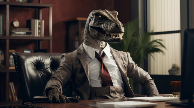 A surreal dinosaur dressed as a businessman. Metaphor the likeness of the likeness of the evil boss