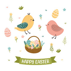 Happy Easter.Cute birds, Easter eggs and flowers.Hand drawing in doodle style