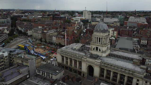 Drone view of Nottingham City Council hall with dramatic gray sky in England