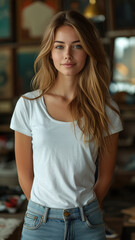 Caucasian woman on background of modern loft colorful living room of house