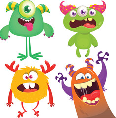 Funny cartoon monsters with different face expressions. Set of cartoon vector happy monsters characters. Halloween design for party decoration,  package design