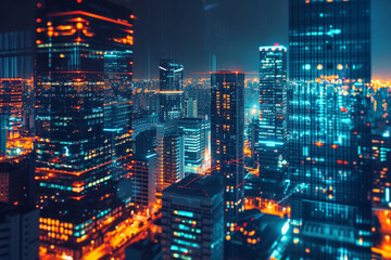 Fototapeta na wymiar Bathed in the glow of city lights, the dynamic cityscape at night pulsates with vibrancy, its illuminated office buildings adding to the bustling atmosphere of urban life