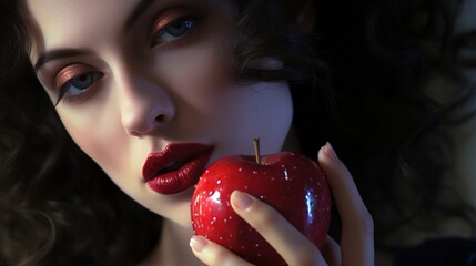 Beautiful young woman with red lips and apple in her hand, Ai Generated