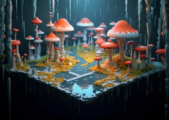 an illustration of a series of colorful fantasy mushrooms in a forest