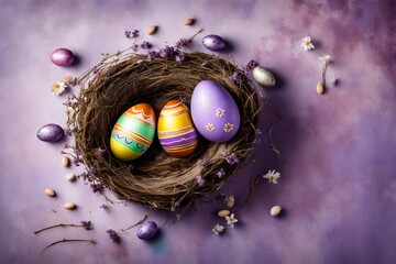 Overhead shot of a whimsically decorated Easter egg in a nest on the side, against a muted lavender background, offering a vibrant and flat layout with ample space for your celebratory text