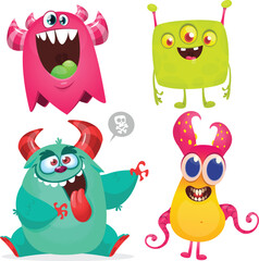Funny cartoon monsters with different face expressions. Set of cartoon vector happy monsters characters. Halloween design for party decoration,  package design
