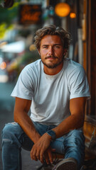 Obraz premium Caucasian man sitting on bench on background of green summer city park.