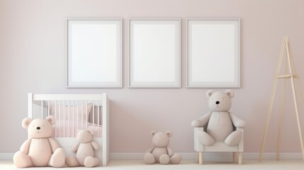 Fototapeta na wymiar Soft toys, a baby cot, an armchair near a light wall with mock-ups, empty three frames with copy space for text, drawing. The minimalist interior of the children's room in Scandinavian style.