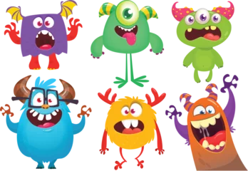 Muurstickers Monster Funny cartoon monsters with different face expressions. Set of cartoon vector happy monsters characters. Halloween design for party decoration,  package design
