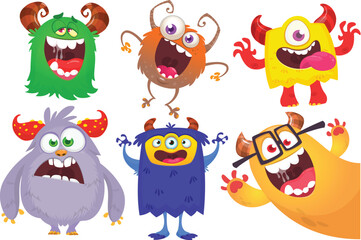 Funny cartoon monsters with different face expressions. Set of cartoon vector happy monsters characters. Halloween design for party decoration,  package design