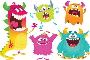 Obraz premium Funny cartoon monsters with different face expressions. Set of cartoon vector happy monsters characters. Halloween design for party decoration, package design
