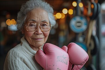 Pink Boxing Glove with a Smile: A Catchy Adobe Stock Title for a Senior Woman Posing with a Pink Boxing Glove Generative AI