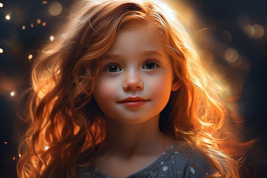 Close-up portrait of a beautiful little girl with red hair, Ai Generated